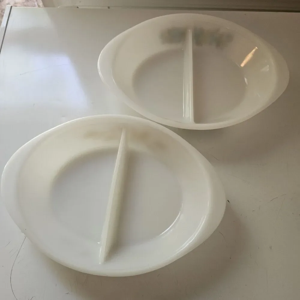 Set Of 2 Vintage Glassbake Oval Divided Dishes White Milkglass Wheat & Blueberry